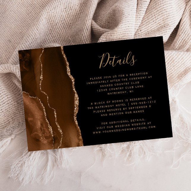 Cartão De Informações Detalhes do Casamento Preto de Agate Dourado Mocha (Criador carregado)