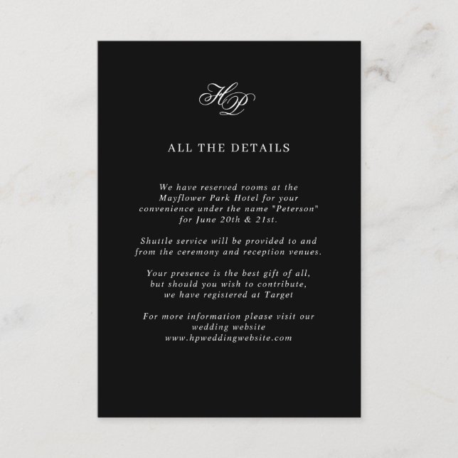 Cartão De Informações Detalhes do Casamento Preto do Monograma de Script (Frente)