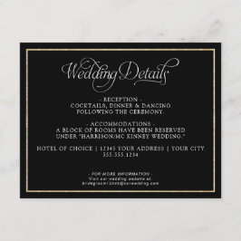 Cartão De Informações Detalhes do Casamento Preto Dourado do Script Mono
