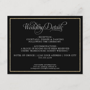 Cartão De Informações Detalhes do Casamento Preto Dourado do Script Mono