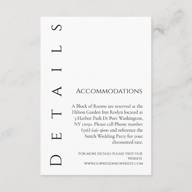 Cartão De Informações Detalhes do casamento preto e branco simples moder (Verso)