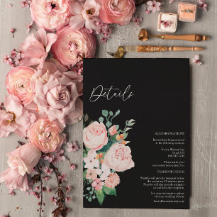 Cartão De Informações Detalhes do Casamento Preto Floral de Blush