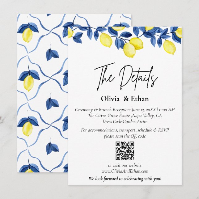 Cartão De Informações Detalhes do Casamento QR Code Lemon (Frente/Verso)