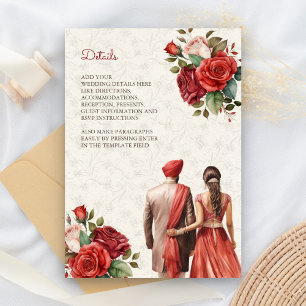 Cartão De Informações Detalhes do Casamento Red Floral Indian Punjabi Si