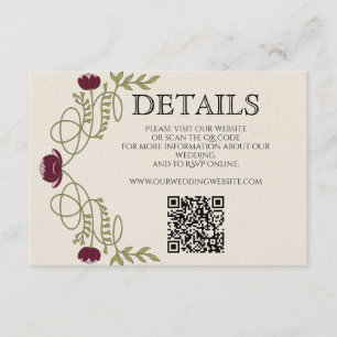 Cartão De Informações Detalhes do Casamento Rosa Borgonha Art Nouveau no