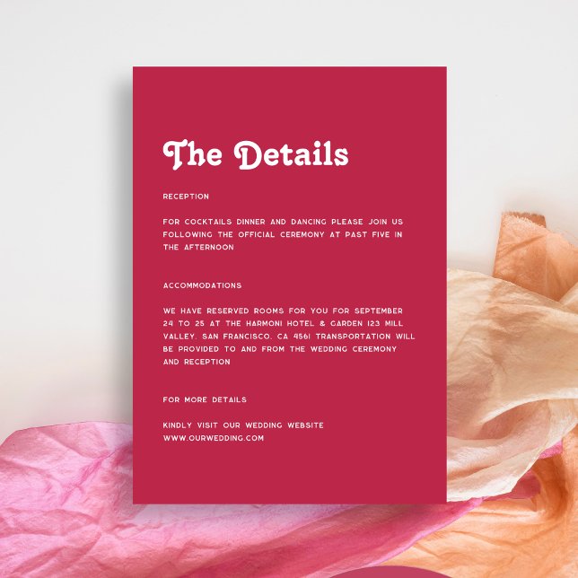 Cartão De Informações Detalhes do Casamento Rosa Quente Brilhante Mínimo (Criador carregado)