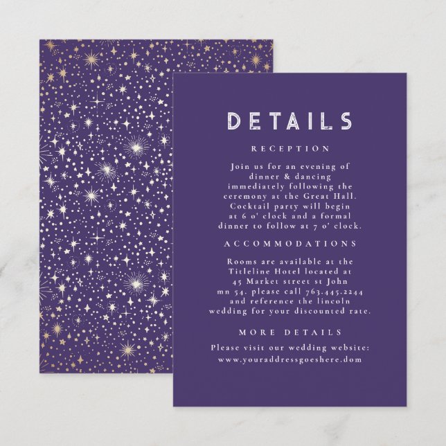 Cartão De Informações Detalhes do Casamento Roxo Celestial Noite Estrela (Frente/Verso)