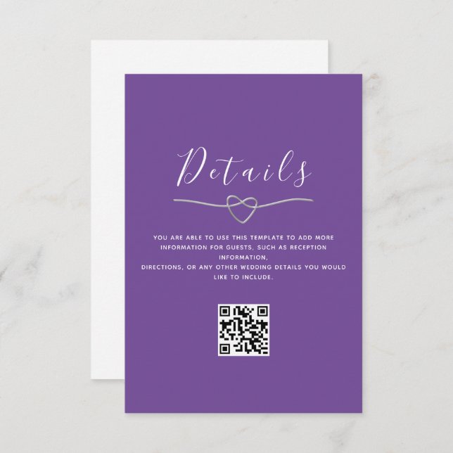 Cartão De Informações Detalhes do Casamento Roxo Código QR (Frente/Verso)