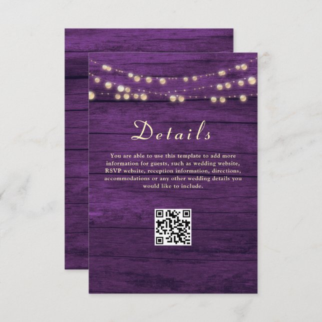Cartão De Informações Detalhes do Casamento Roxo Código QR (Frente/Verso)