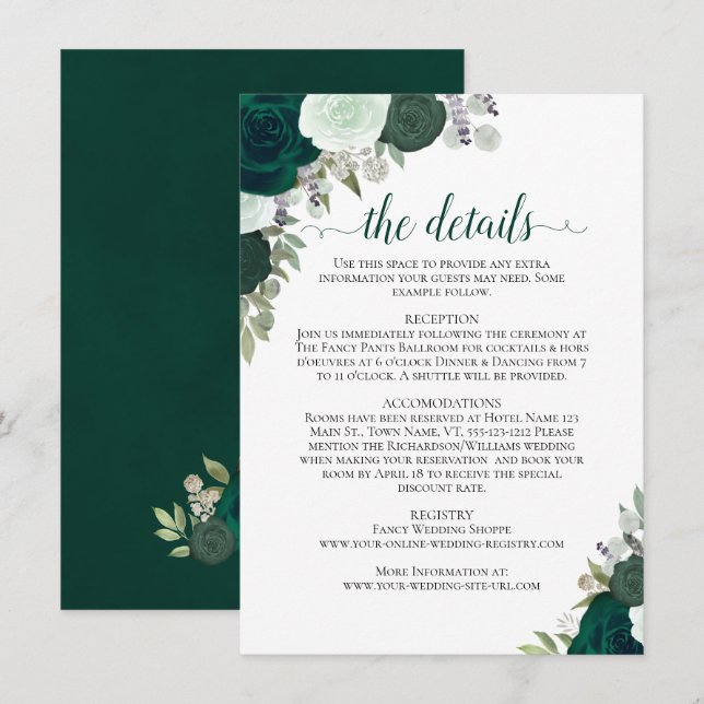 Cartão De Informações Detalhes do Casamento Russo de Rosas Emerald Green (Frente/Verso)