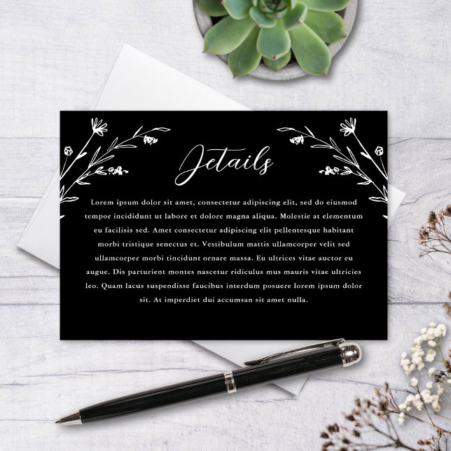 Cartão De Informações Detalhes do Casamento Rustic Black White Wildflowe (Criador carregado)