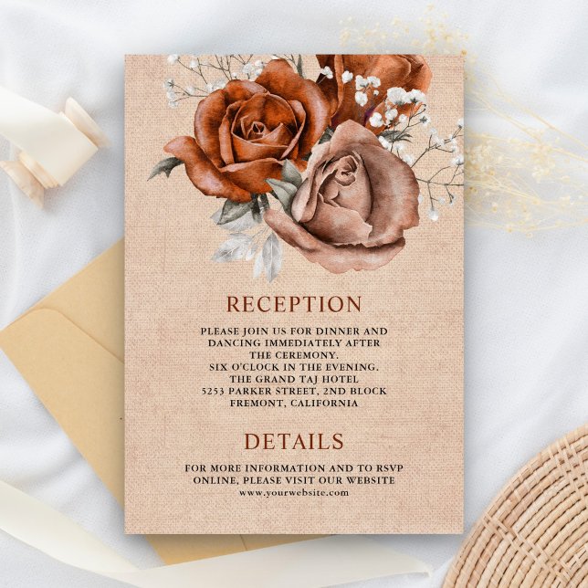 Cartão De Informações Detalhes do Casamento Rustic Burlap Rosa Terracott (Criador carregado)
