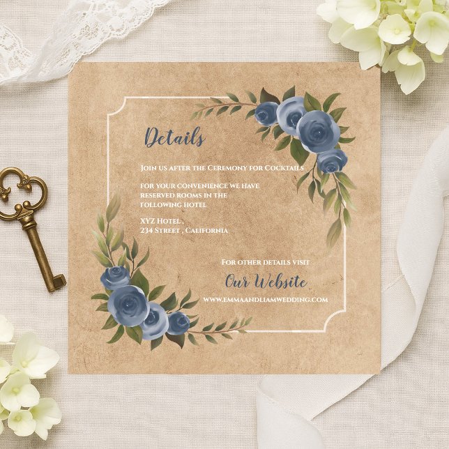 Cartão De Informações Detalhes do Casamento Rustic Kraft Rosa Rustic Dus (Dusty Blue Rose Rustic Kraft Wedding Details Enclosure Card)