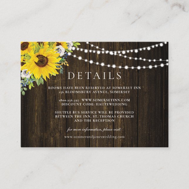 Cartão De Informações Detalhes do Casamento Rustic Sunflower Greenery (Frente)