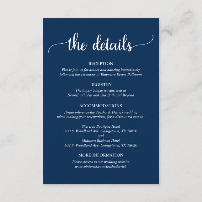 Cartão De Informações Detalhes do Casamento, Rústico Azul-Marinho Script (Frente)