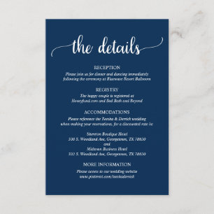 Cartão De Informações Detalhes do Casamento, Rústico Azul-Marinho Script