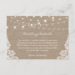 Cartão De Informações Detalhes do Casamento Rústico Burlap String Lights
