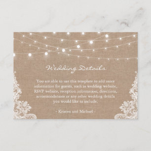 Cartão De Informações Detalhes do Casamento Rústico Burlap String Lights