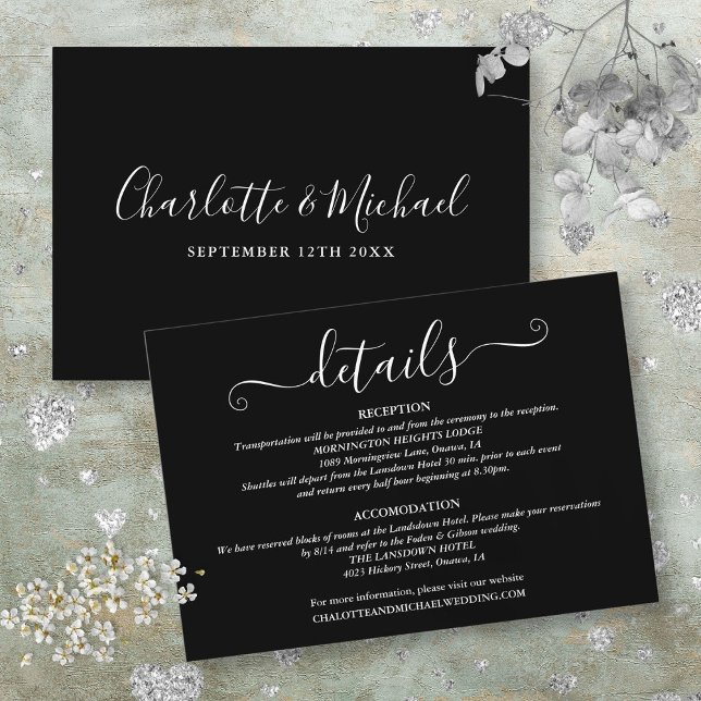 Cartão De Informações Detalhes Do Casamento Script De Assinatura Preto E (Wedding Details Signature Script Black And White Enclosure Card)