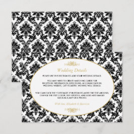 Cartão De Informações Detalhes do Casamento tema damasco Dourado, Preto