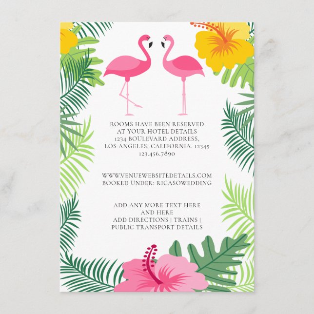 Cartão De Informações Detalhes do Casamento Tropical de Flamingo Rosa (Frente)