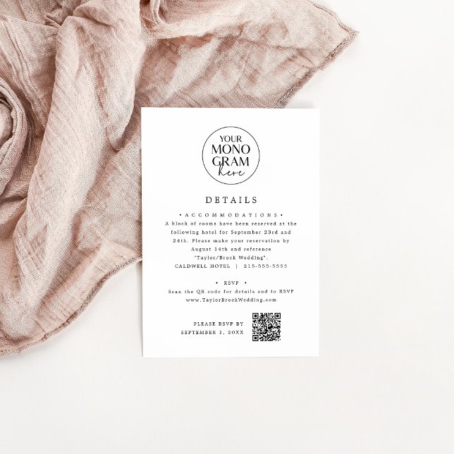 Cartão De Informações Detalhes do Casamento Único Branco Preto Monograma (MEGHAN Monogram Black White Unique Wedding Details Enclosure Card)