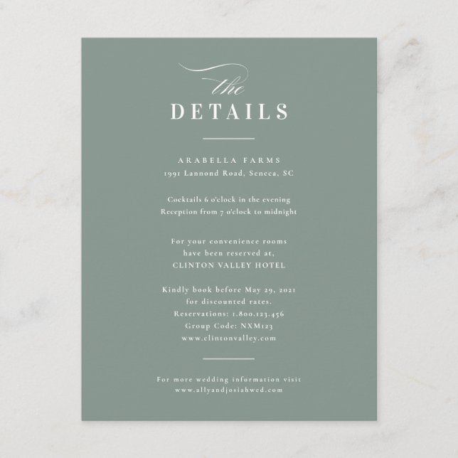 Cartão De Informações Detalhes do Casamento Verde da Sala de Caligrafia (Frente)