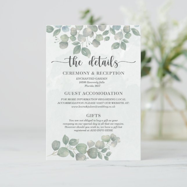 Cartão De Informações Detalhes do Casamento Verde de Aquarela Eucalyptus (Em pé/Frente)