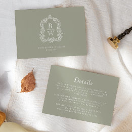 Cartão De Informações Detalhes do Casamento Verde do Monograma Crest Sag
