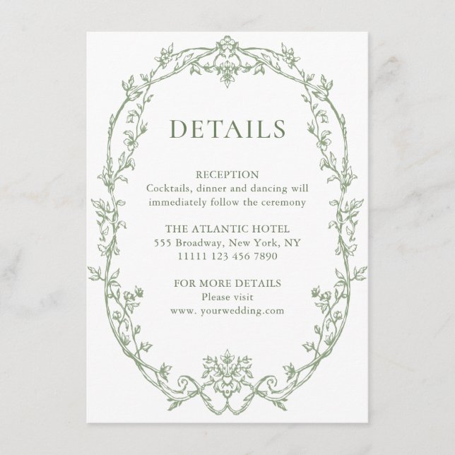 Cartão De Informações Detalhes do Casamento Verde do Ornamentado Floral  (Frente)