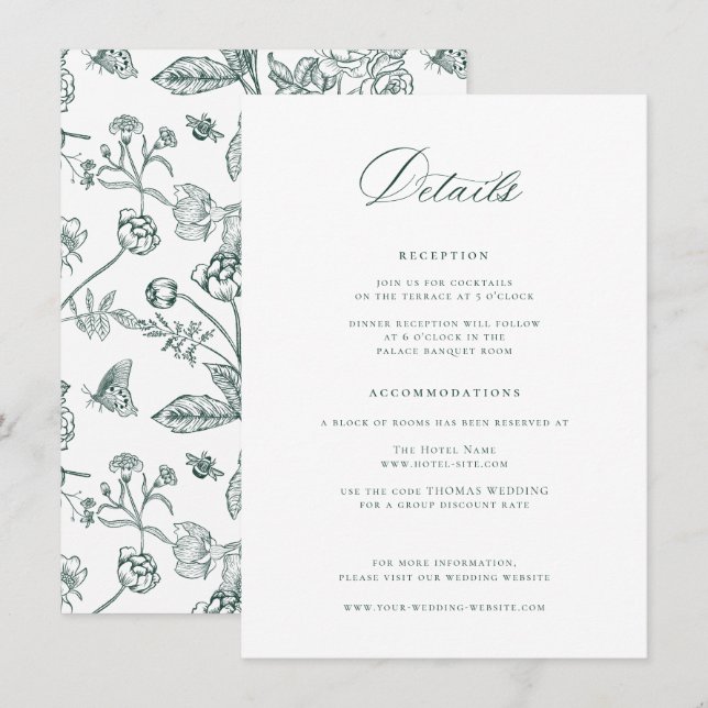 Cartão De Informações Detalhes do Casamento Verde Regency Emerald (Frente/Verso)