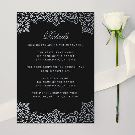Cartão De Informações Detalhes do Casamento Vintage Black Faux Silver El