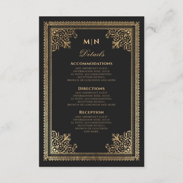 Cartão De Informações Detalhes do Casamento Vitoriano Dourado Gótico Vin (Frente)
