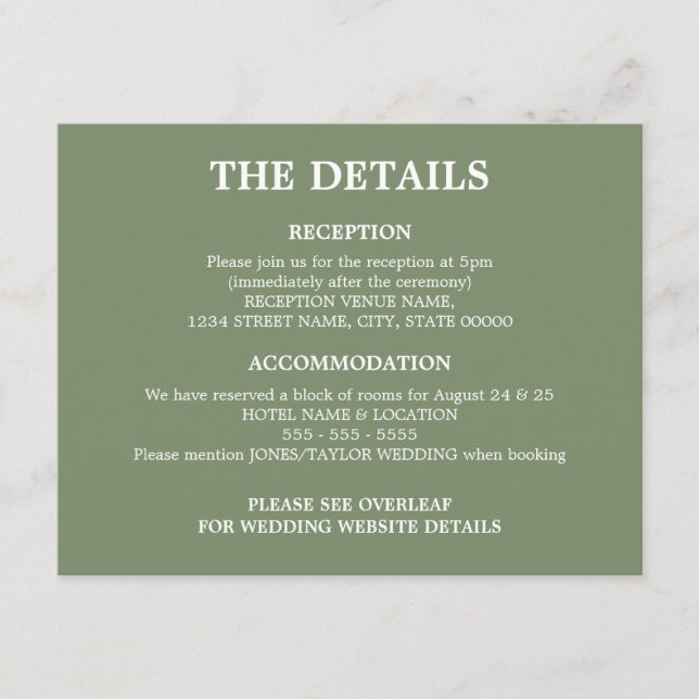 Cartão De Informações Detalhes do Código QR do Casamento em Verde Salvia (Frente)