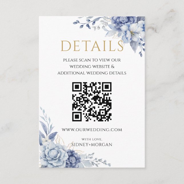 Cartão De Informações Detalhes do código QR do casamento Floral Azul Ele (Frente)
