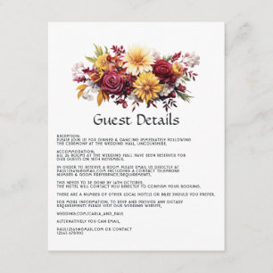 Cartão De Informações Detalhes do Convidado de Casamento Floral Amarelo
