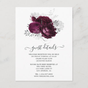 Cartão De Informações Detalhes do Convidado de Casamento Floral Borgonha