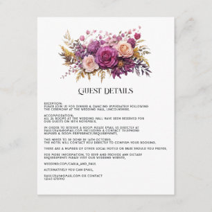 Cartão De Informações Detalhes do Convidado de Casamento Floral Rosa e D