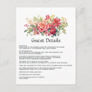 Cartão De Informações Detalhes do Convidado de Casamento Floral Vermelho