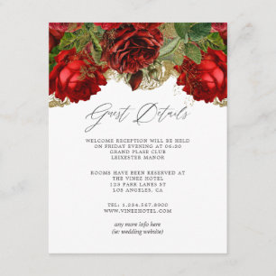 Cartão De Informações Detalhes do Convidado de Rosas Vermelhas e Dourada