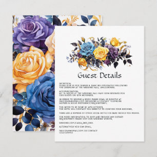 Cartão De Informações Detalhes do Convidado Floral Azul, Roxo, Dourado e