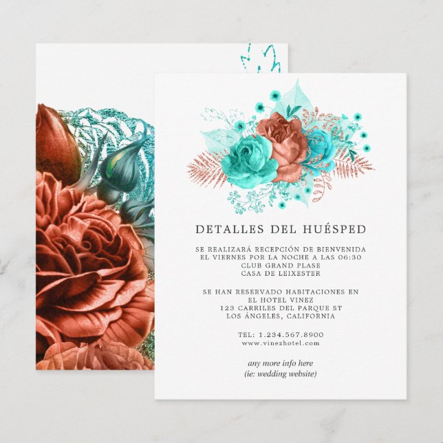 Cartão De Informações Detalhes do Convidado sobre Turquesa e Casamento d (Frente/Verso)
