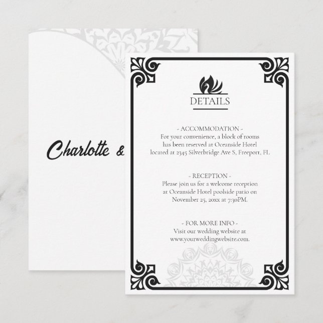 Cartão De Informações Detalhes do Deco de Arte Moderna Swan Preto e Bran (Frente/Verso)