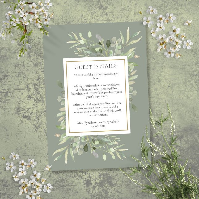 Cartão De Informações Detalhes do Hóspede de Acomodação de Casamento Sag (Sage Greenery Wedding Accommodation Guest Details Enclosure Card)