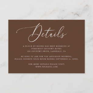 Cartão De Informações Detalhes do Hotel de Casamento em Script Marrom Ch