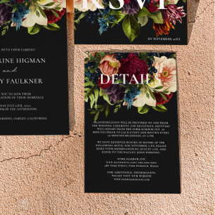 Cartão De Informações Detalhes do Moody Floral Burgundy e Black Wedes