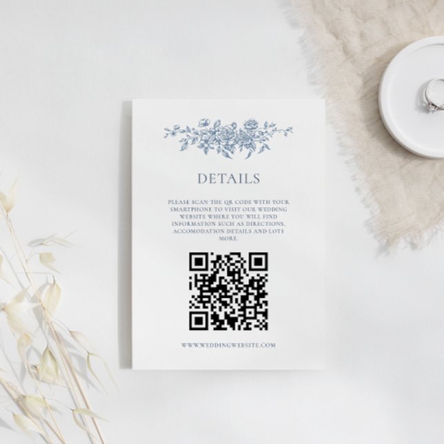Cartão De Informações Detalhes do QRcode de Casamento Azul Floral do Ele (Criador carregado)