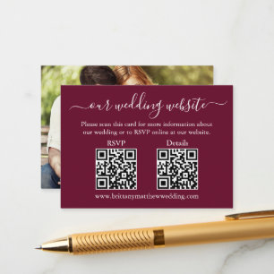 Cartão De Informações Detalhes do RSVP do QR do Casamento 2 Foto Bordeau