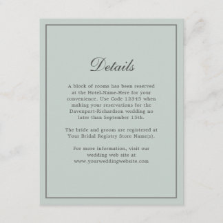 Cartão De Informações Detalhes do Simples Casamento Elegante Sage Green