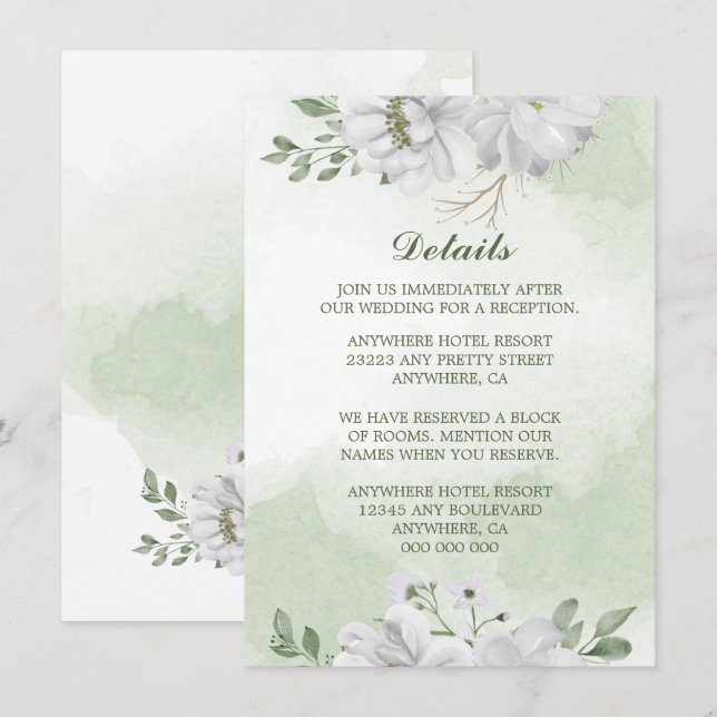 Cartão De Informações detalhes do verde-flores brancas (Frente/Verso)